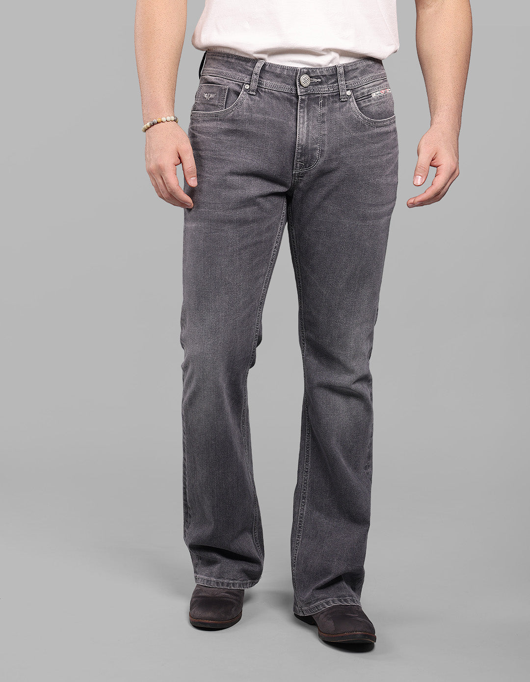 Grey Mid Rise Cropped Length Loose Boot Leg Stretch Jeans