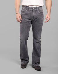 Grey Mid Rise Cropped Length Loose Boot Leg Stretch Jeans