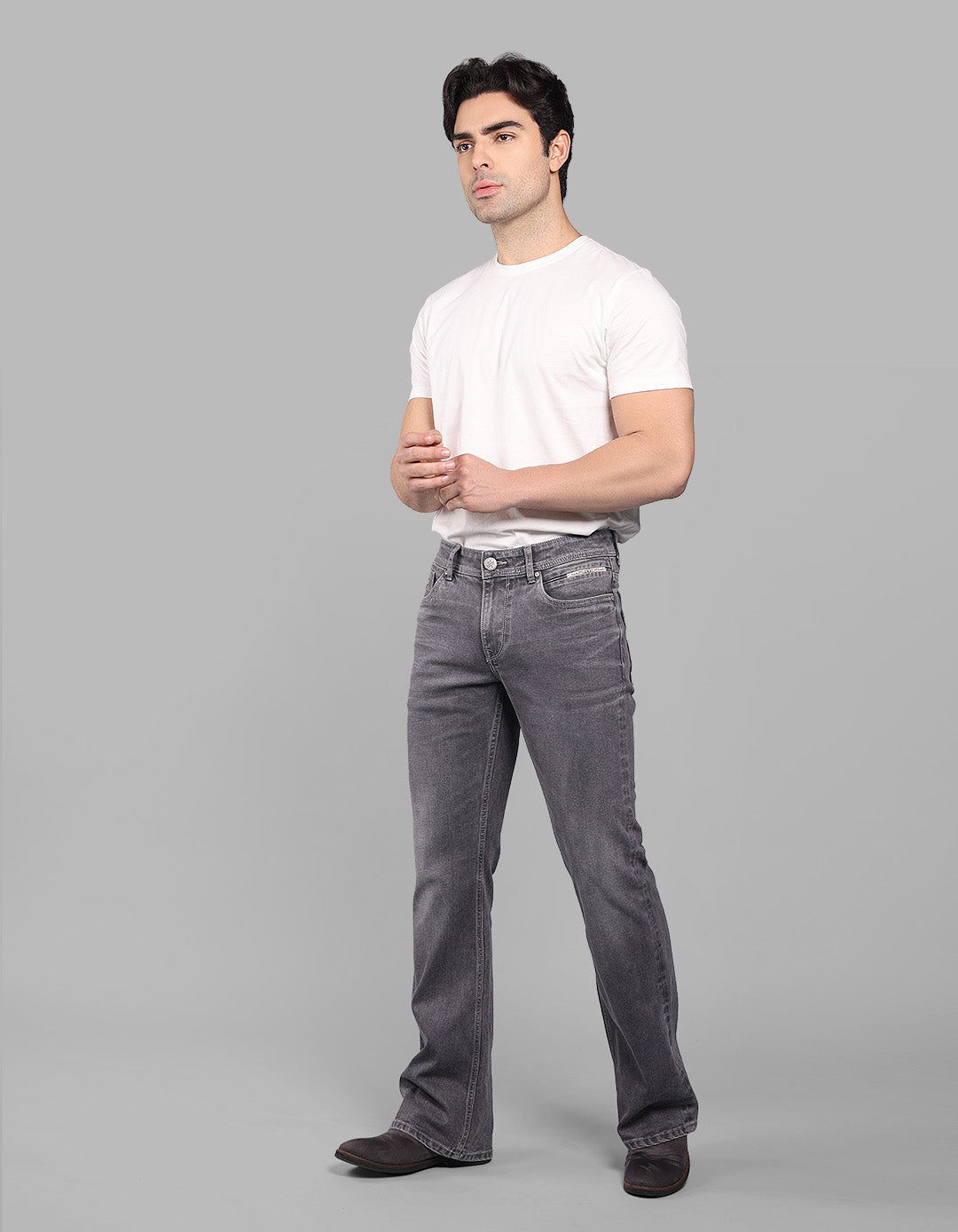 Grey Mid Rise Cropped Length Loose Boot Leg Stretch Jeans