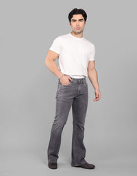 Grey 5 Pocket Mid Rise Loose Boot Leg Stretch Jeans