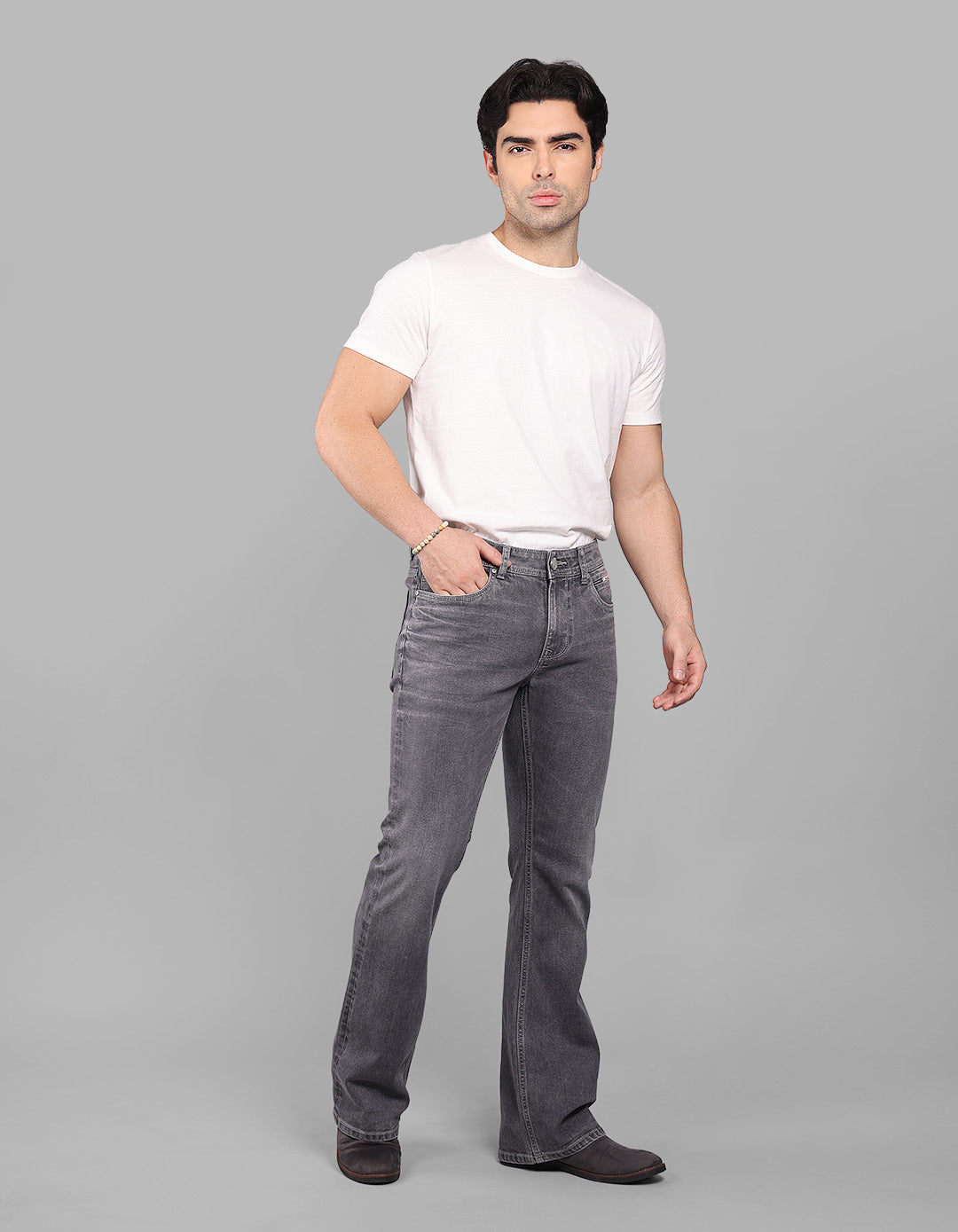 Grey Mid Rise Cropped Length Loose Boot Leg Stretch Jeans