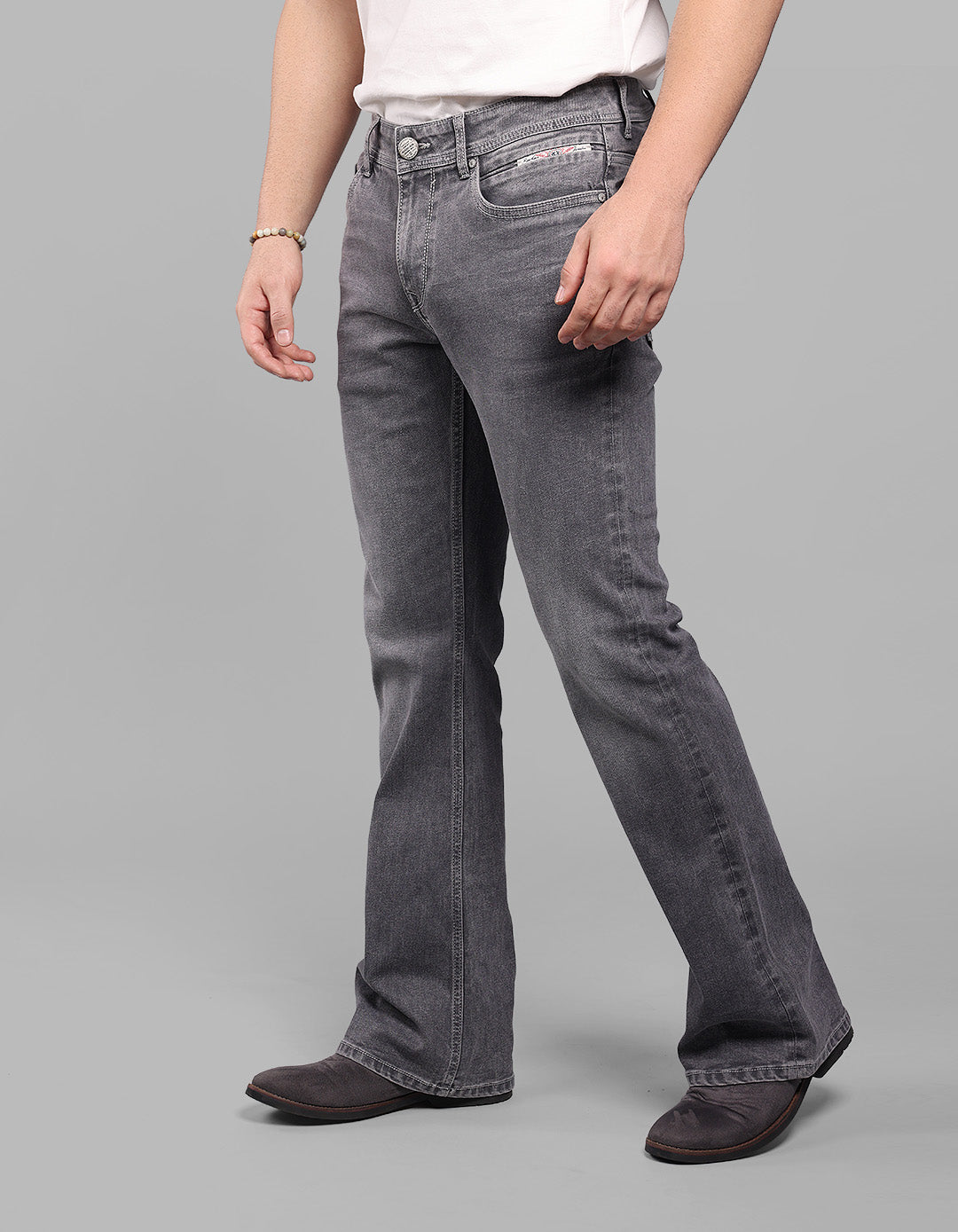 Grey 5 Pocket Mid Rise Loose Boot Leg Stretch Jeans