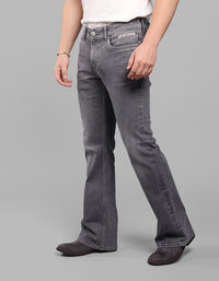 Grey Mid Rise Cropped Length Loose Boot Leg Stretch Jeans
