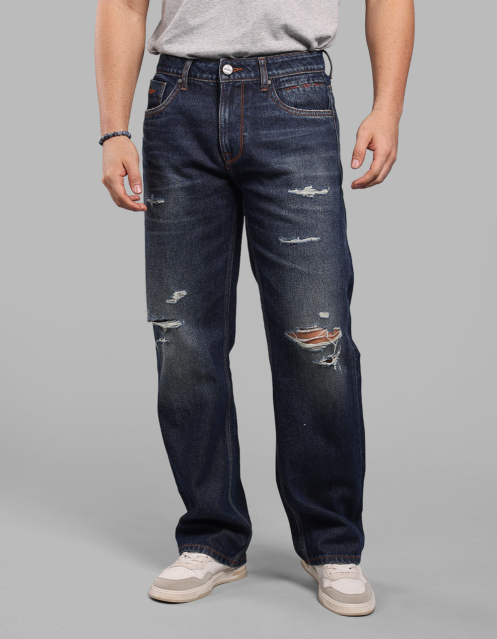 Dark Blue Midrise Loose Fit Stretch Jeans
