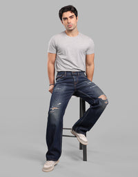 Dark Blue Midrise Loose Fit Stretch Jeans