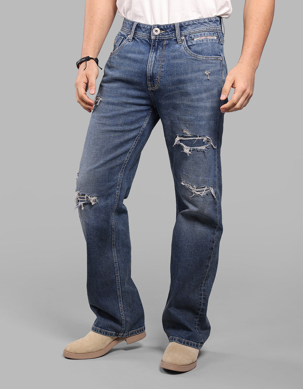 Med Blue Midrise Loose Fit Stretch Jeans
