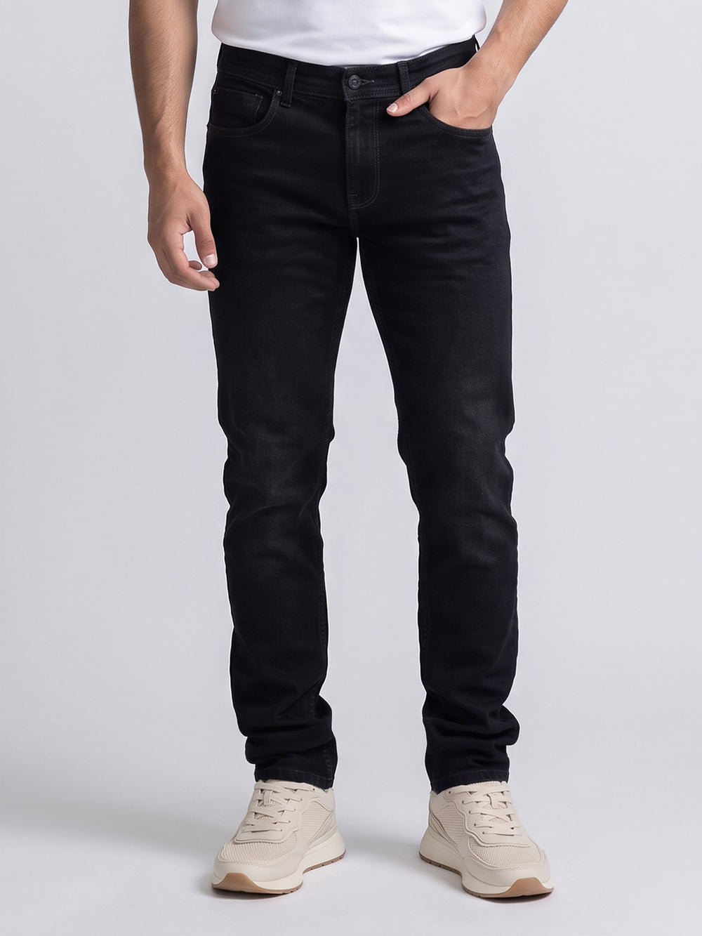 Charcoal Mid-Rise Slim Straight Fit Stretch Jeans