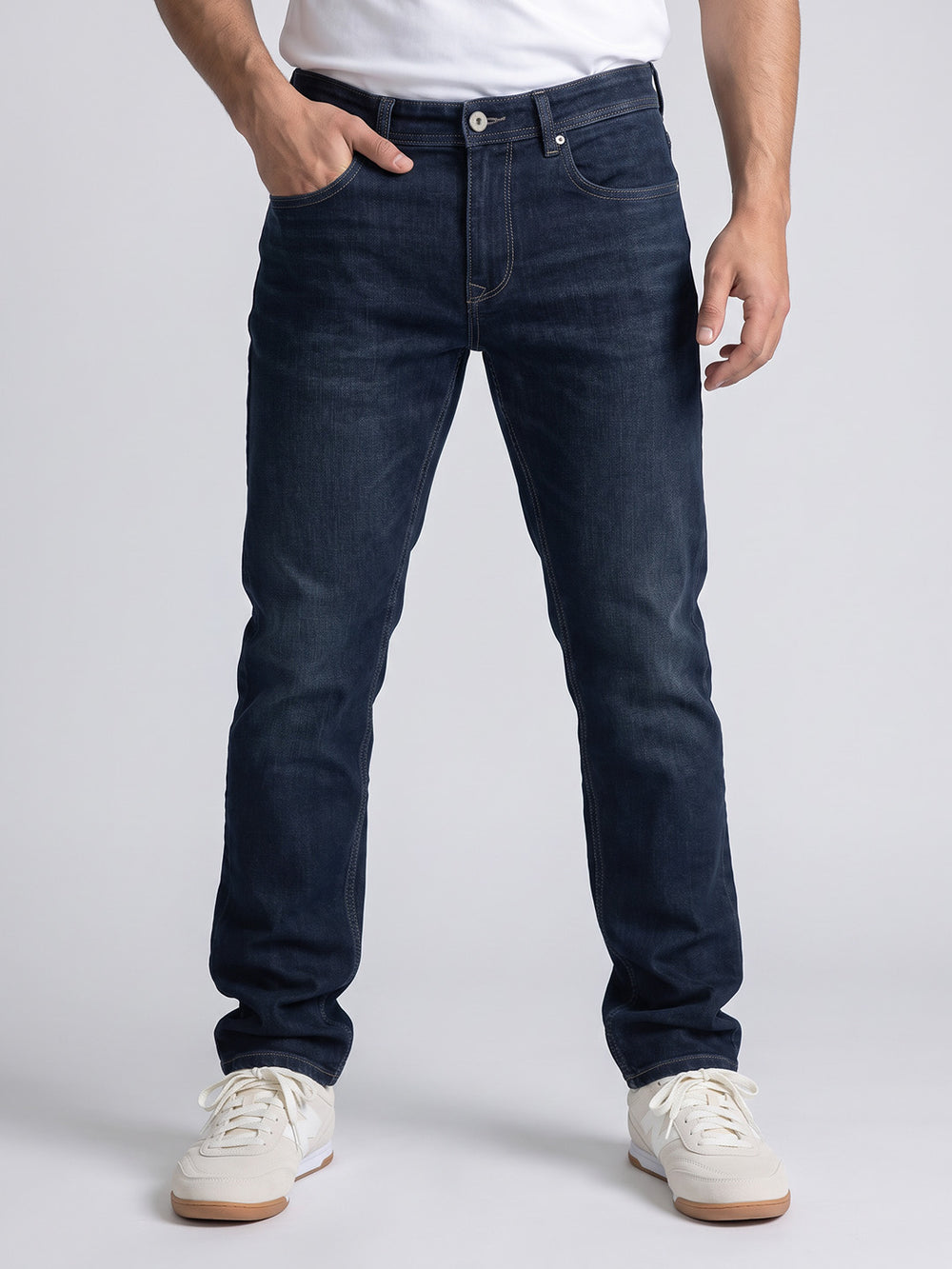 Petrol Blue Mid-Rise Slim Straight Fit Stretch Jeans