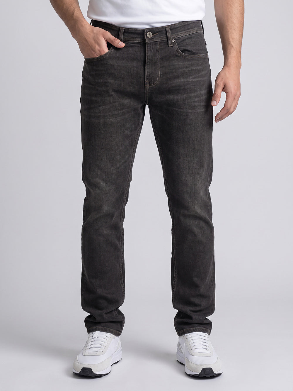 Brown Mid-Rise Slim Straight Fit Stretch Jeans