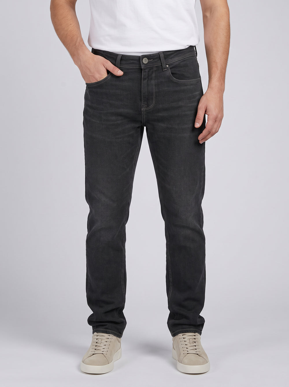 Grey Mid-Rise Slim Straight Fit Stretch Jeans