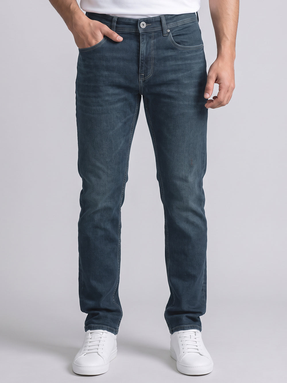Greenish Blue Mid-Rise Slim Straight Fit Stretch Jeans