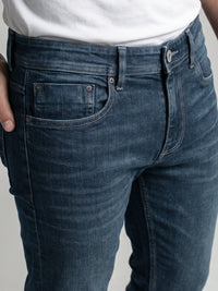 Greenish Blue Mid-Rise Slim Straight Fit Stretch Jeans