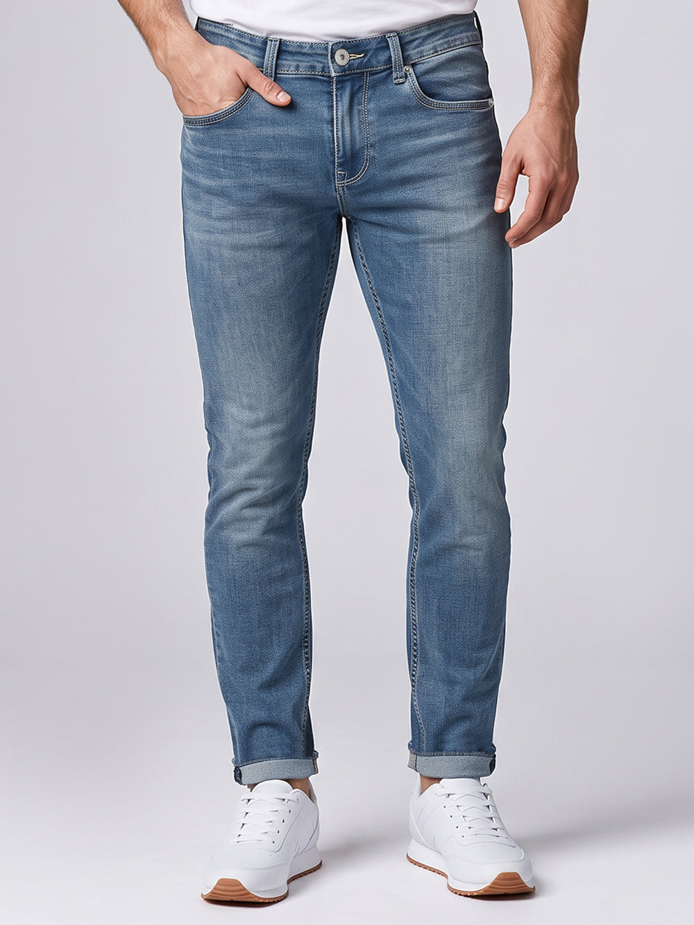 Med Blue Low-Rise Ankle Length Stretch Jeans