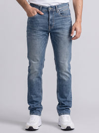 Med Blue Mid-Rise Slim Straight Fit Stretch Jeans