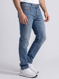 Med Blue Mid-Rise Slim Straight Fit Stretch Jeans
