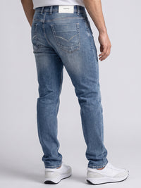 Med Blue Mid-Rise Slim Straight Fit Stretch Jeans
