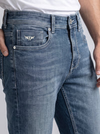 Med Blue Mid-Rise Slim Straight Fit Stretch Jeans