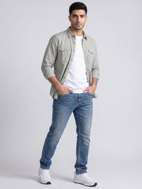 Med Blue Mid-Rise Slim Straight Fit Stretch Jeans