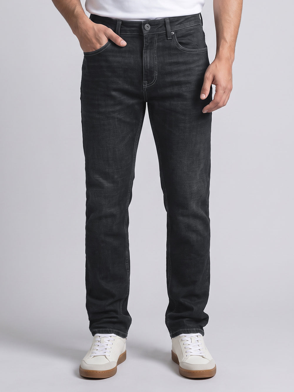 Dark Blue Mid-Rise Slim Straight Fit Stretch Jeans