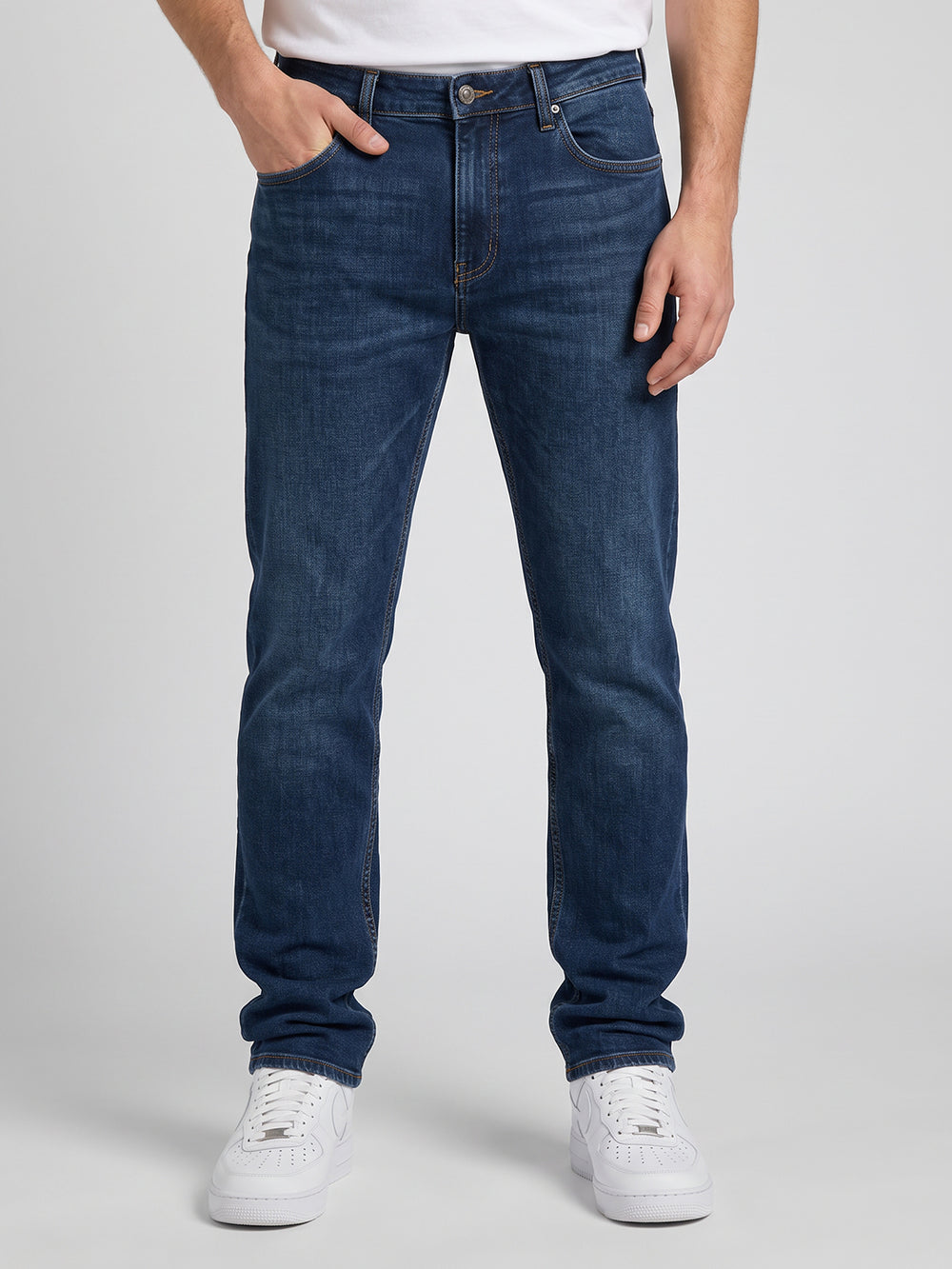 Dark Blue Mid-Rise Slim Straight Fit Stretch Jeans