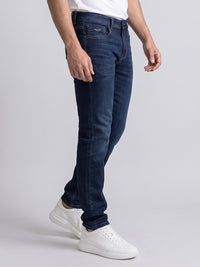 Dark Blue Mid-Rise Slim Straight Fit Stretch Jeans