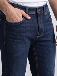 Dark Blue Mid-Rise Slim Straight Fit Stretch Jeans