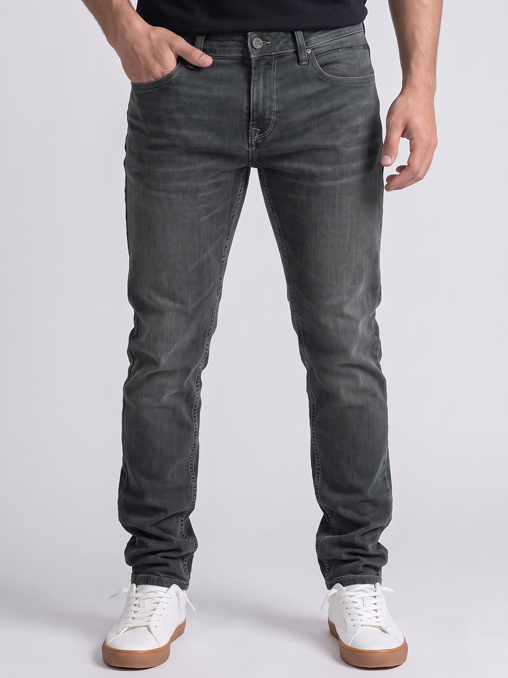 Med Grey Mid-Rise Slim Straight Fit Stretch Jeans