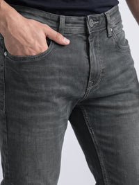 Med Grey Mid-Rise Slim Straight Fit Stretch Jeans