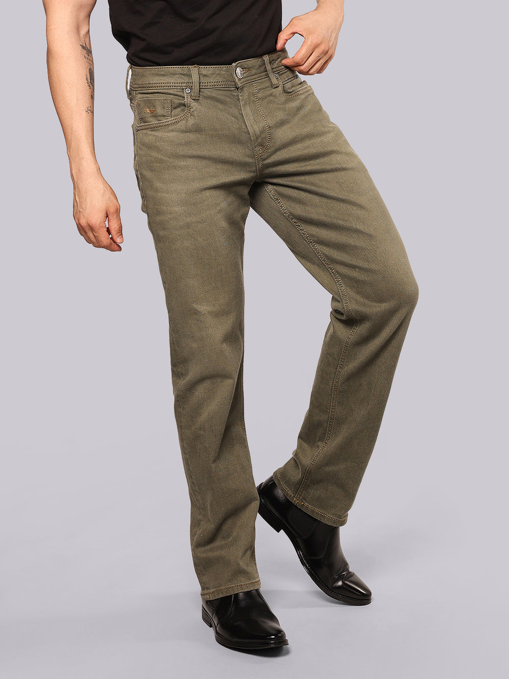 Dark Olive Midrise, Comfort And Straight Fit Stretch Jeans