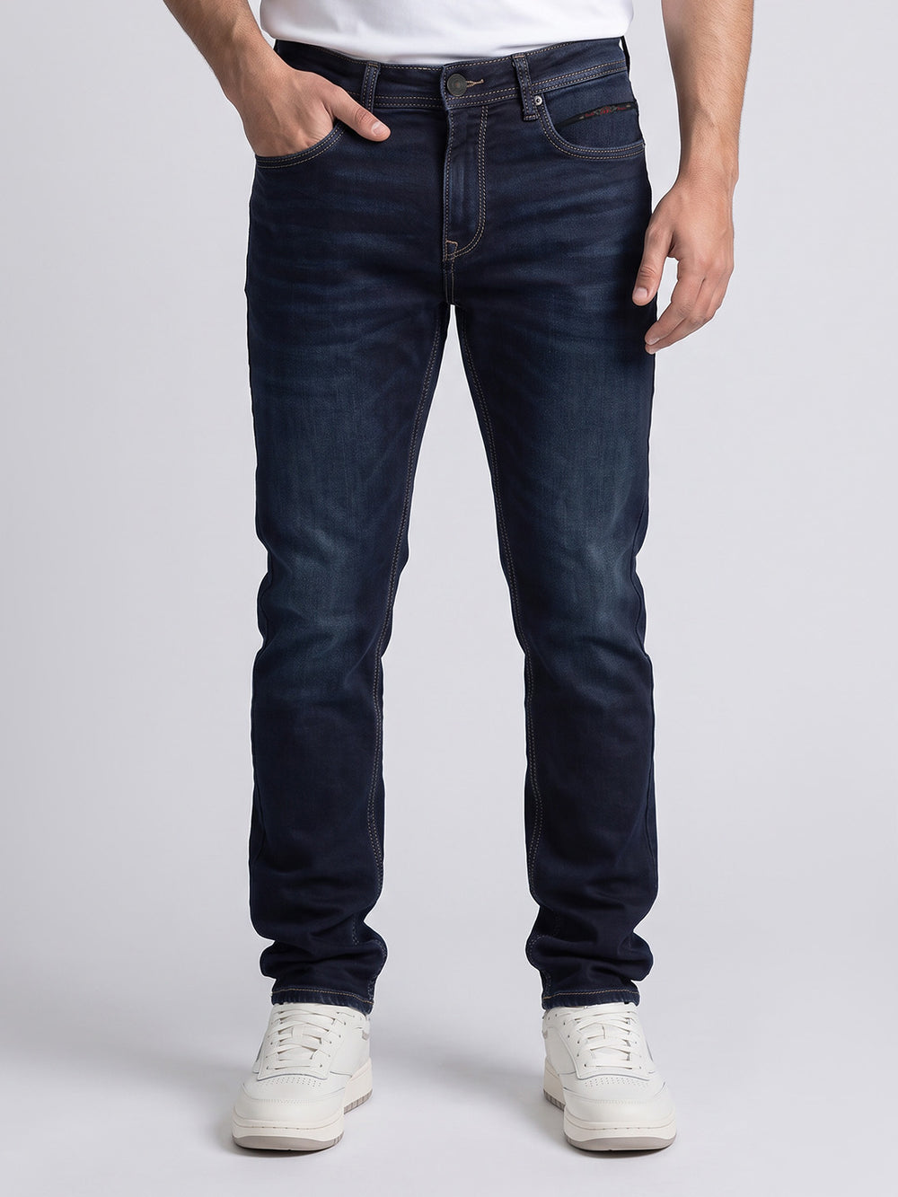 Dark Blue Mid-Rise Slim Straight Fit Stretch Jeans