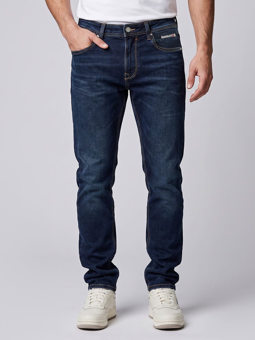 Dark Blue Mid-Rise Slim Straight Fit Stretch Jeans