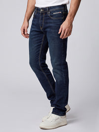 Dark Blue Mid-Rise Slim Straight Fit Stretch Jeans