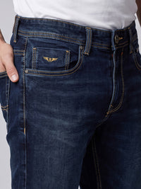 Dark Blue Mid-Rise Slim Straight Fit Stretch Jeans