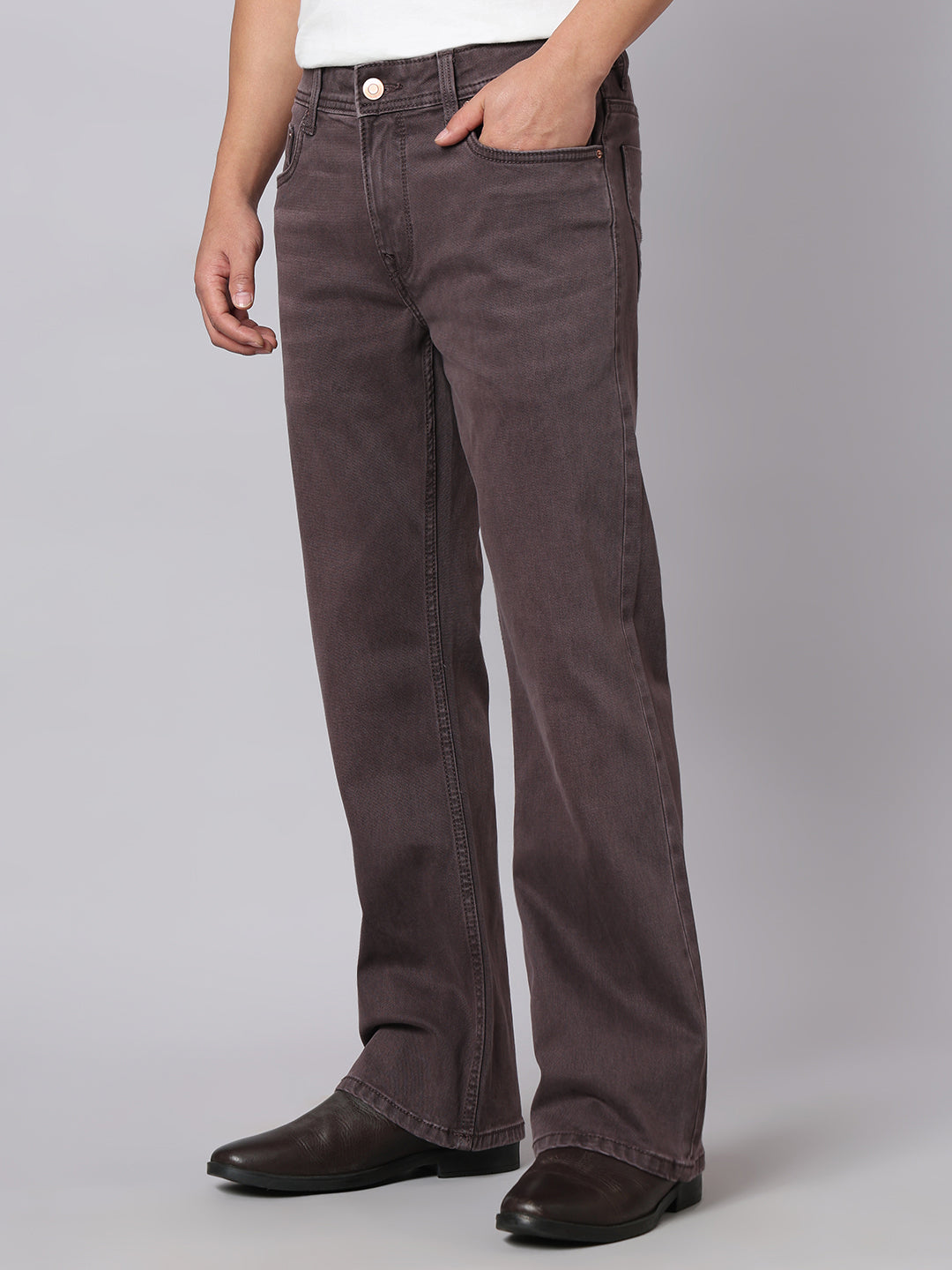 Med Wine Mid Rise Cropped Length Loose Boot Leg Stretch Jeans