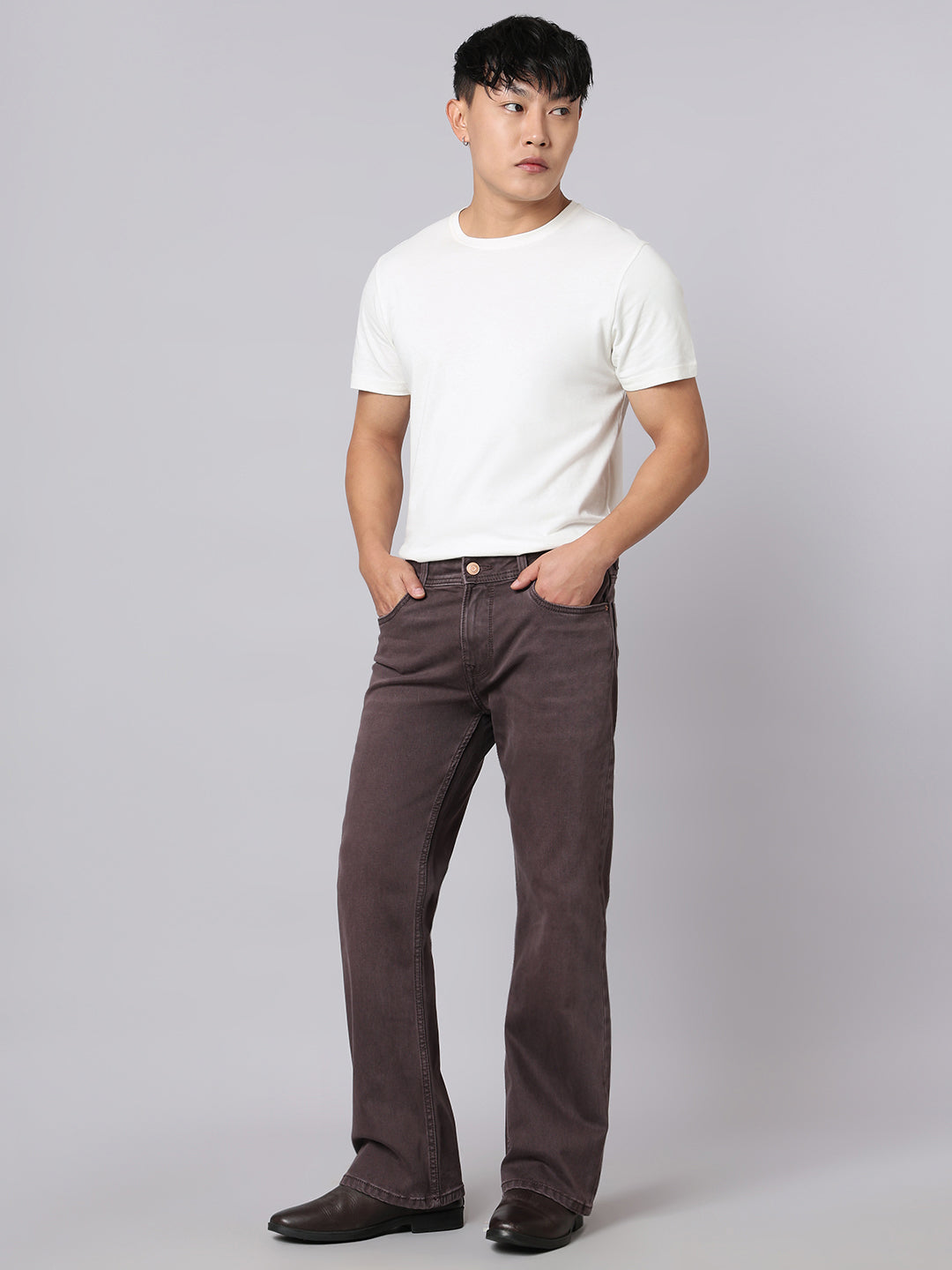 Med Wine Mid Rise Cropped Length Loose Boot Leg Stretch Jeans