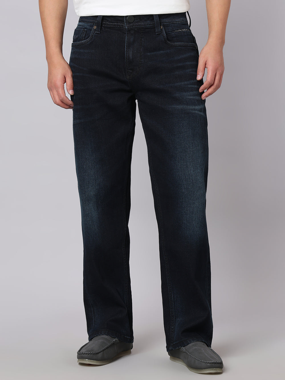 Dark Blue Midrise, Comfort And Straight Crop Length Stretch Jeans