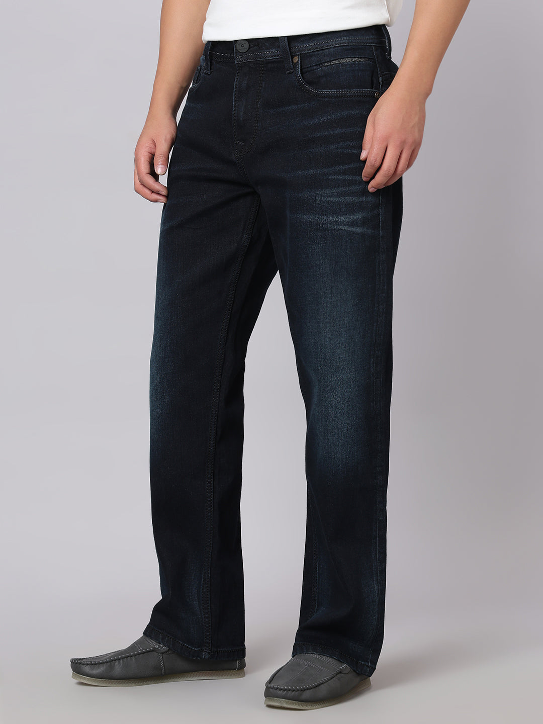 Dark Blue Midrise, Comfort And Straight Crop Length Stretch Jeans