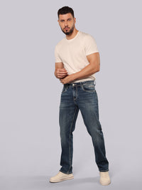 Med Blue Midrise, Comfort And Straight Fit Stretch Jeans