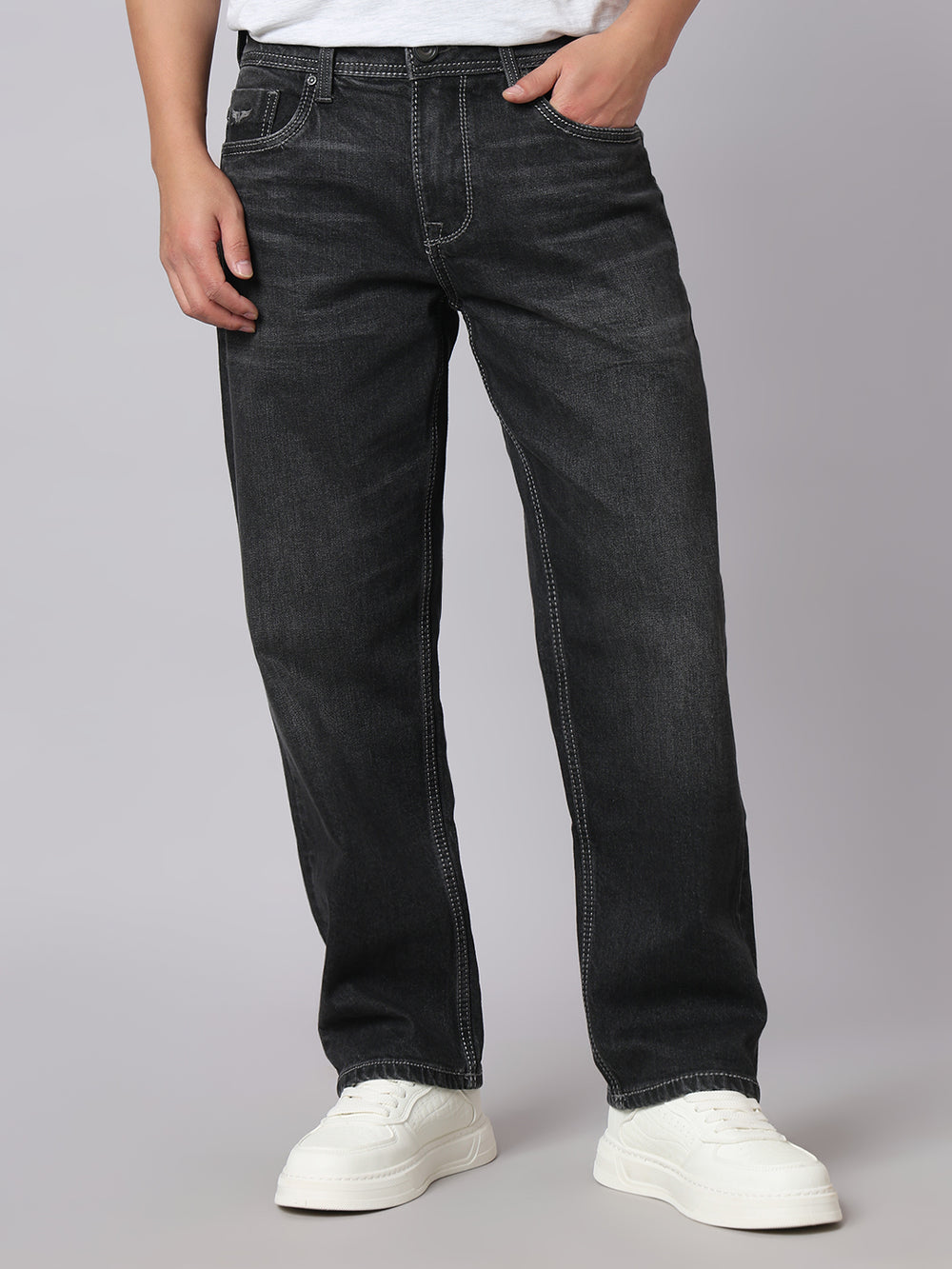 Charcoal Midrise, Comfort And Straight Crop Length Stretch Jeans