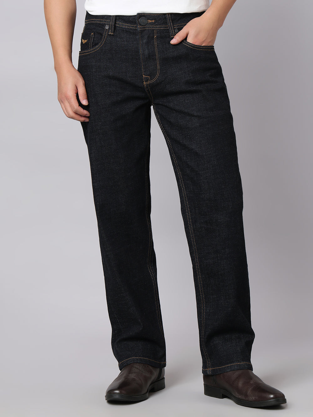 Dark Blue Midrise, Comfort And Straight Crop Length Stretch Jeans