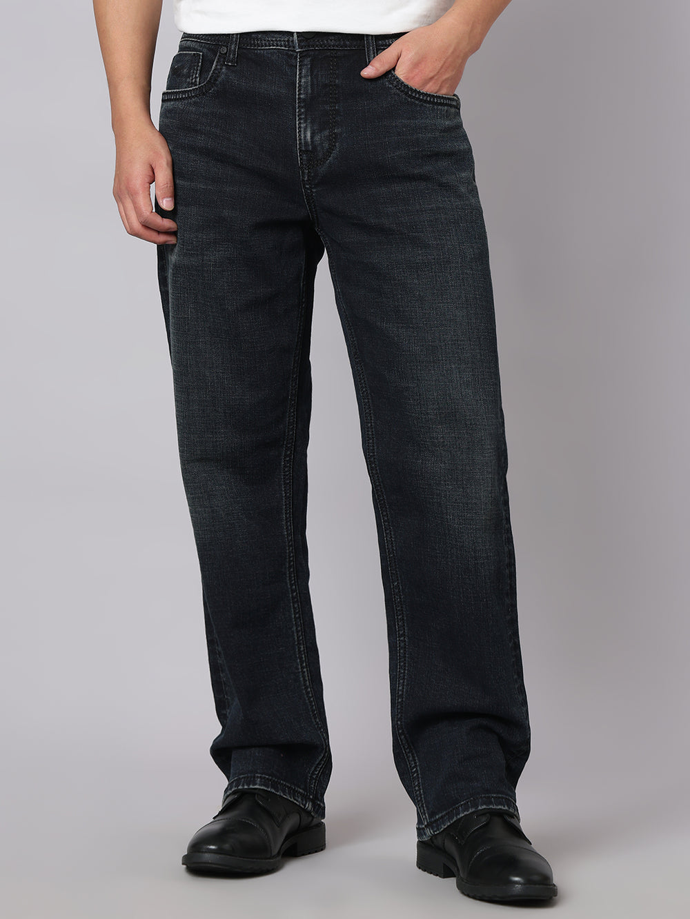 Dark Blue Midrise, Comfort And Straight Crop Length Stretch Jeans