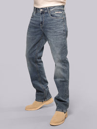 Med Blue Midrise, Comfort And Straight Fit Stretch Jeans