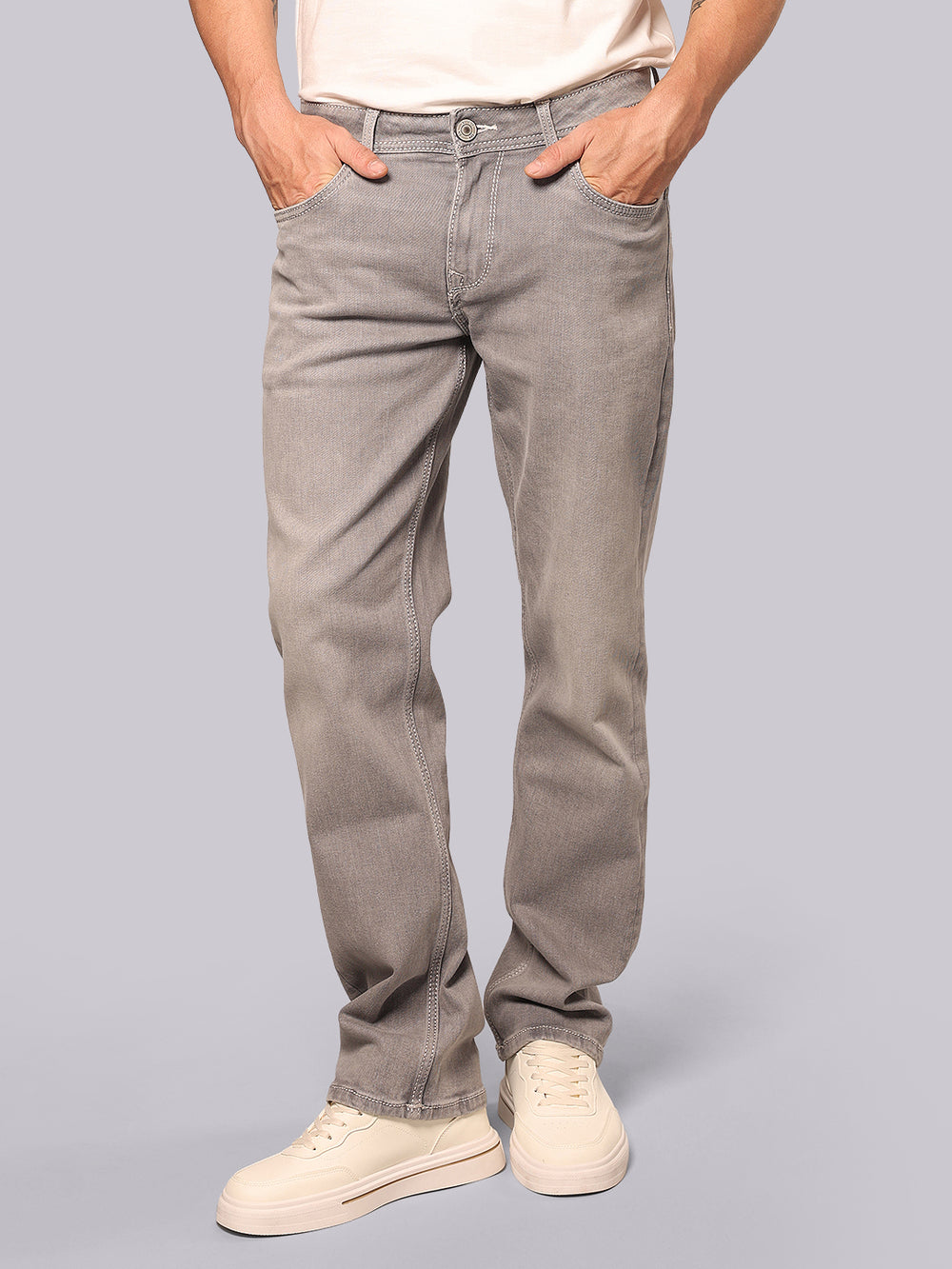Med Grey Midrise, Comfort And Straight Fit Stretch Jeans