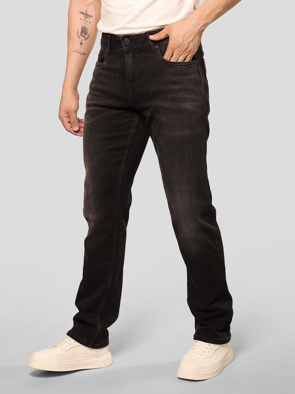 Charcoal Midrise, Comfort And Straight Fit Stretch Jeans