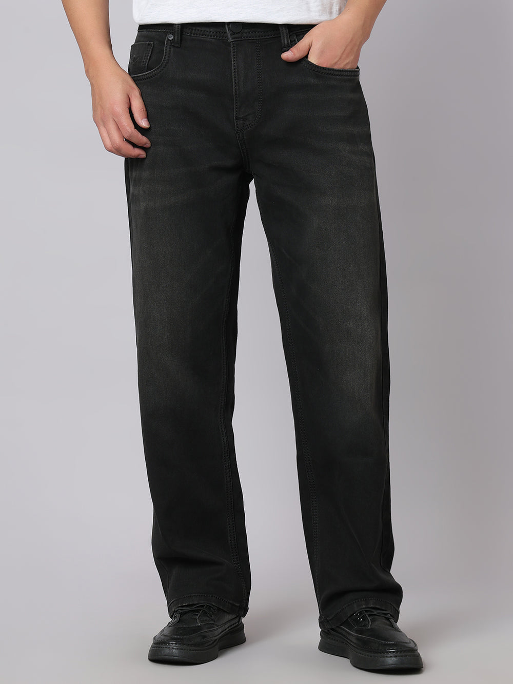 Charcoal Midrise, Comfort And Straight Crop Length Stretch Jeans