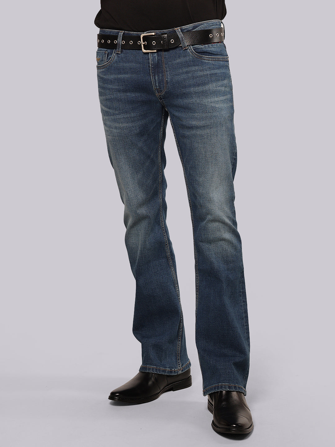 Med Blue Mid Rise Loose Boot Leg Stretch Jeans