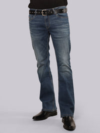 Med Blue Mid Rise Loose Boot Leg Stretch Jeans