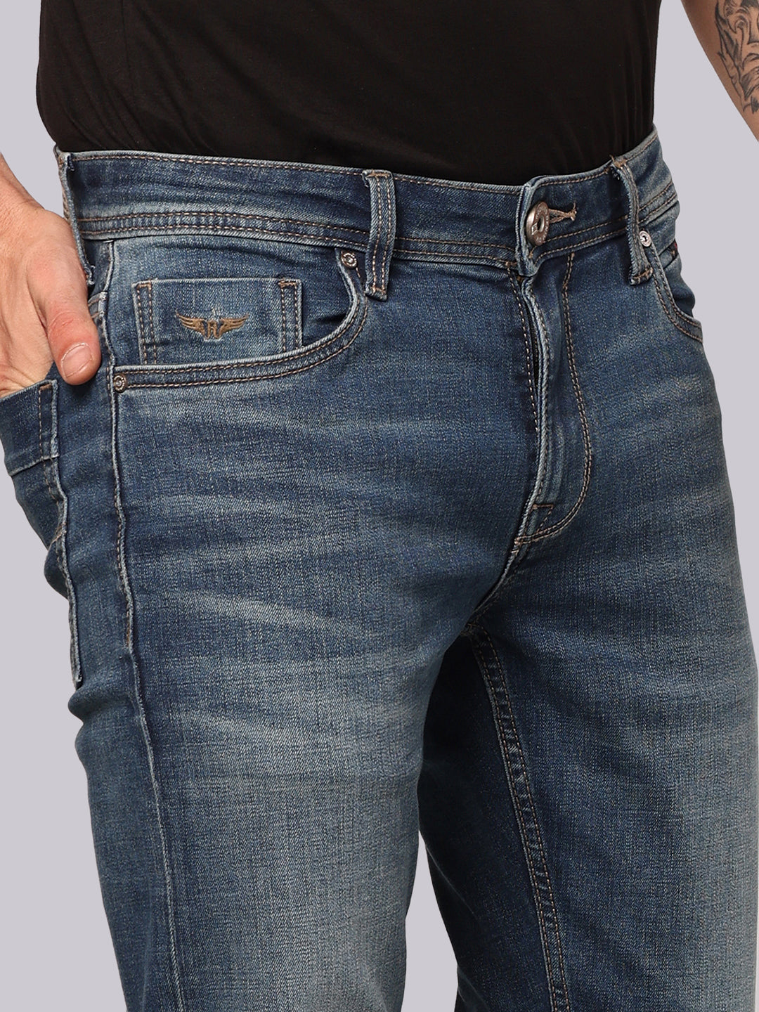 Med Blue Mid Rise Loose Boot Leg Stretch Jeans