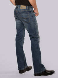 Med Blue Mid Rise Loose Boot Leg Stretch Jeans