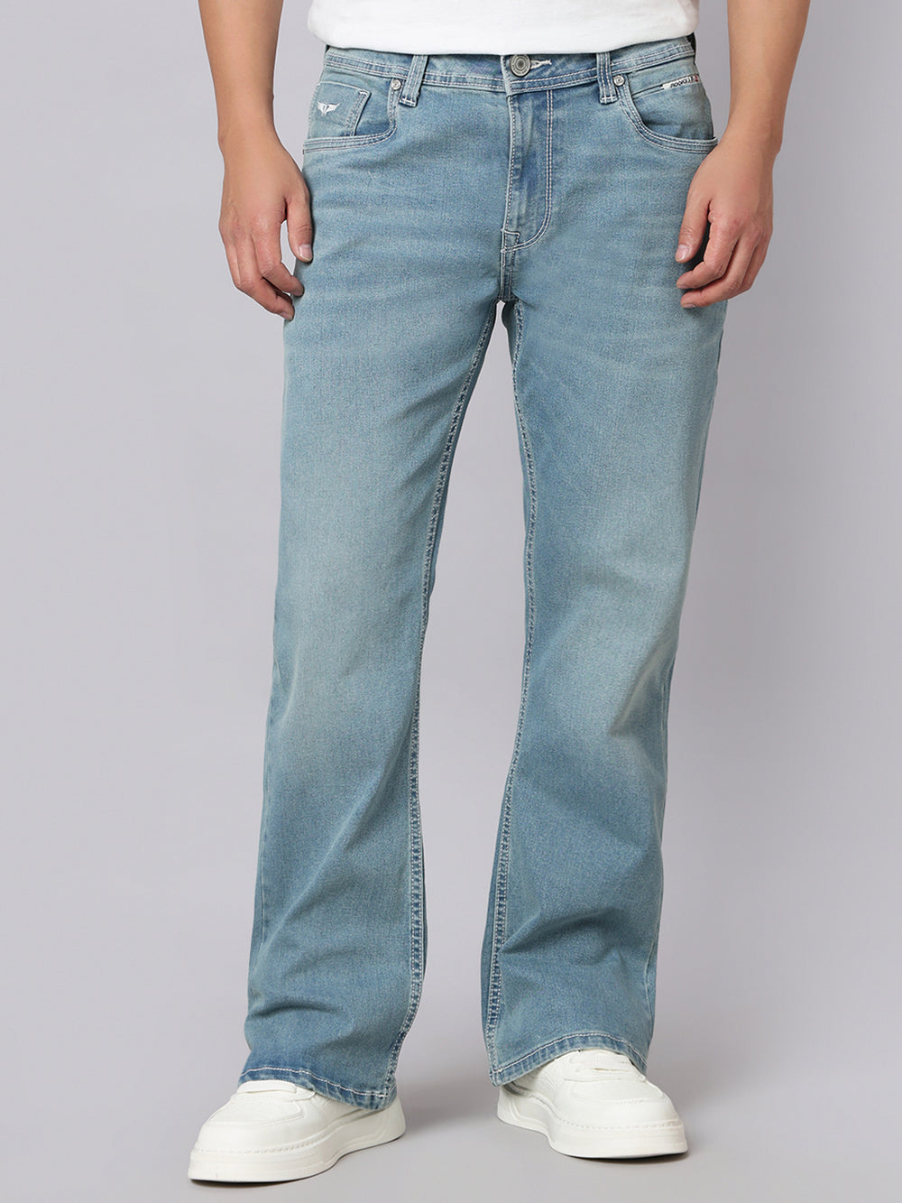 Light Blue Mid Rise Cropped Length Loose Boot Leg Stretch Jeans